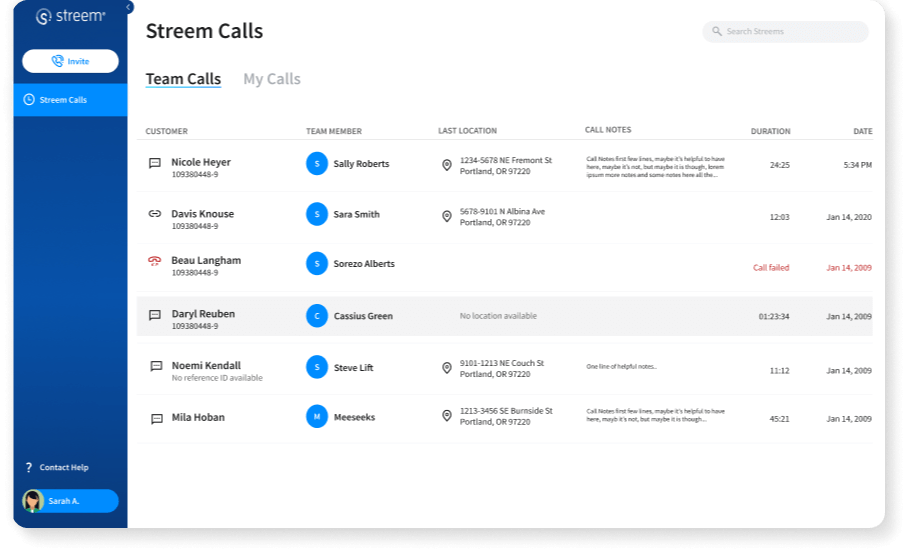 The Team Calls screen in the Streem Call Log