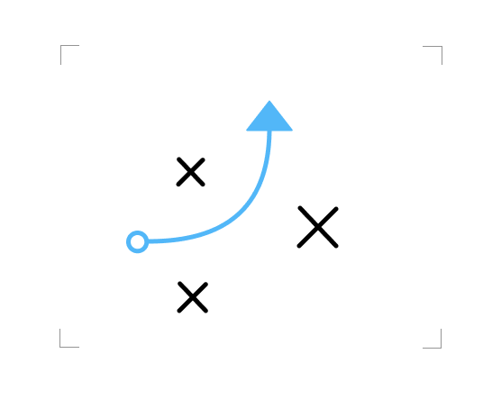 A blue arrow navigates through three xs 